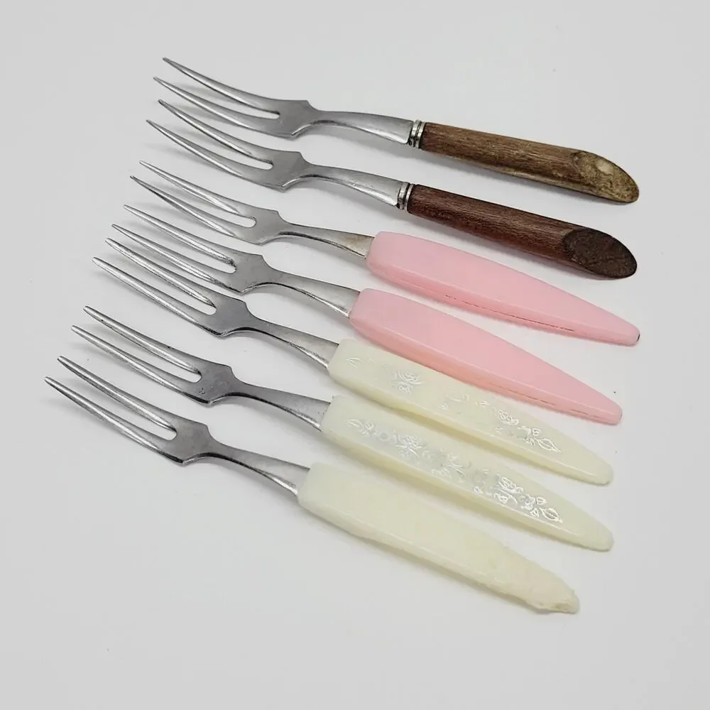 7 Vintage Mini Cocktail Appetizer Forks Stainless Wood Plastic 4